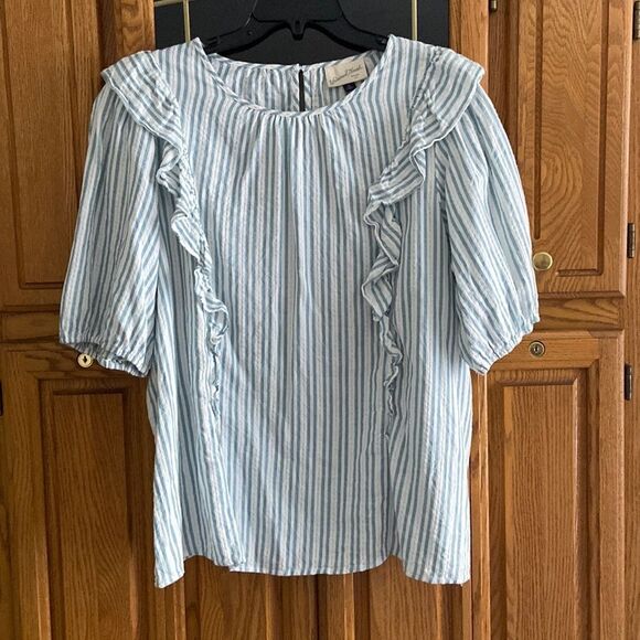 Universal Thread Casual Striped Short Baloon Sleeve Cotton Top with Ruffles - Picture 1 of 10